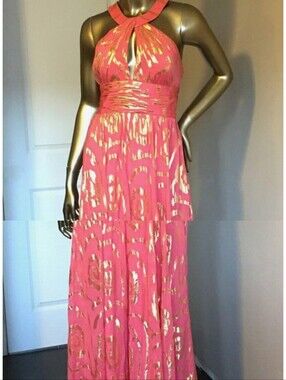 Halter Coral Pink Maxi Dress with Gold Accents